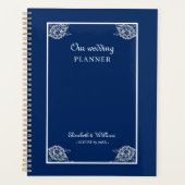 Elegant Bloemen Kant op Marine Blauw Bruiloft Planner (Voorkant)