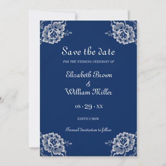 Elegant Bloemen Kant op Marine Blauw Bruiloft Save The Date (Voorkant)