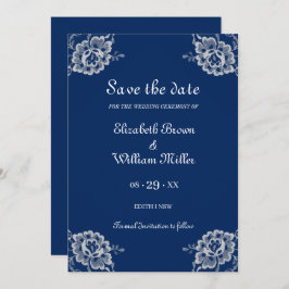 Elegant Bloemen Kant op Marine Blauw Bruiloft Save The Date