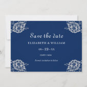 Elegant Bloemen Kant op Marine Blauw Bruiloft Save The Date (Voorkant)