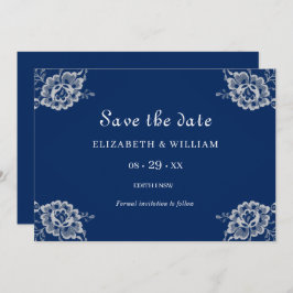 Elegant Bloemen Kant op Marine Blauw Bruiloft Save The Date