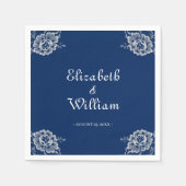 Elegant Bloemen Kant op Marine Blauw Bruiloft Servet (Voorkant)