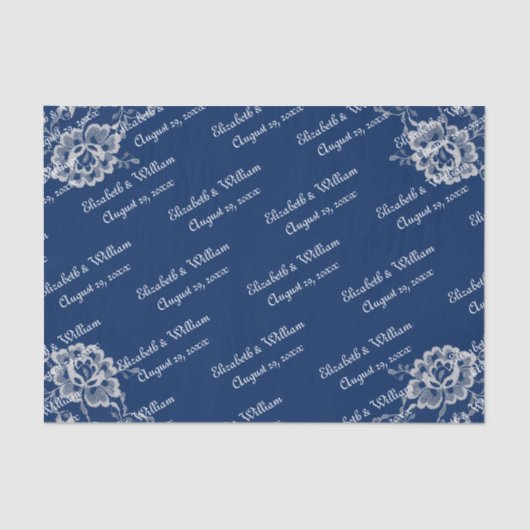 Elegant Bloemen Kant op Marine Blauw Bruiloft Tissuepapier (Voorkant)
