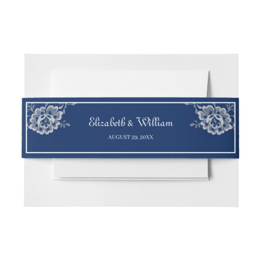 Elegant Bloemen Kant op Marine Blauw Bruiloft Uitnodigingen Wikkel (Voorkant Voorbeeld)