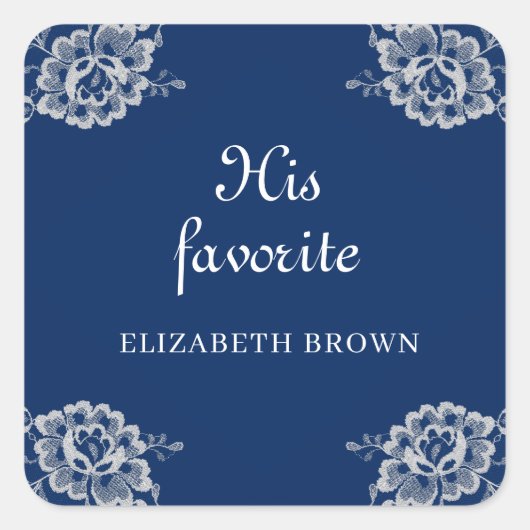Elegant Bloemen Kant op Marine Blauw Bruiloft Vierkante Sticker (Voorkant)