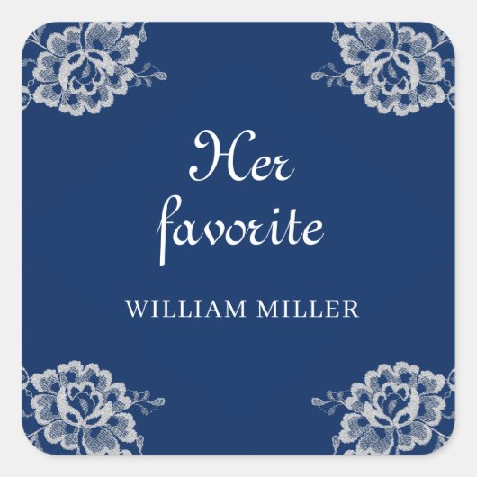 Elegant Bloemen Kant op Marine Blauw Bruiloft Vierkante Sticker (Voorkant)