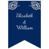 Elegant Bloemen Kant op Marine Blauw Bruiloft Vlaggetjes (Eerste vlag)