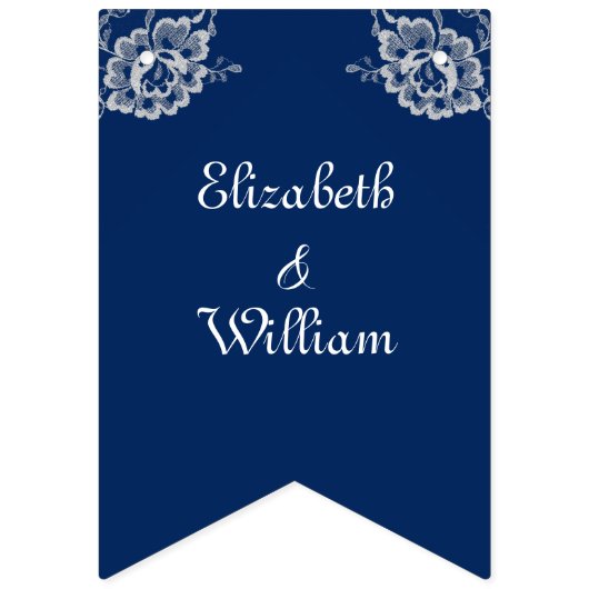 Elegant Bloemen Kant op Marine Blauw Bruiloft Vlaggetjes (Eerste vlag)