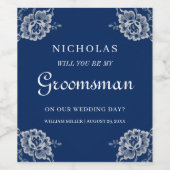 Elegant Bloemen Kant op Marine Blauw Bruiloft Wijn Etiket (Enkel label)