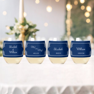 Elegant Bloemen Kant op Marine Blauw Bruiloft Wijnglas Zonder Voet