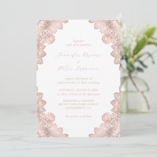 Elegant Bloemen Kant Roos Gouden Bruiloft Uitnodig Kaart (Staand voorkant)