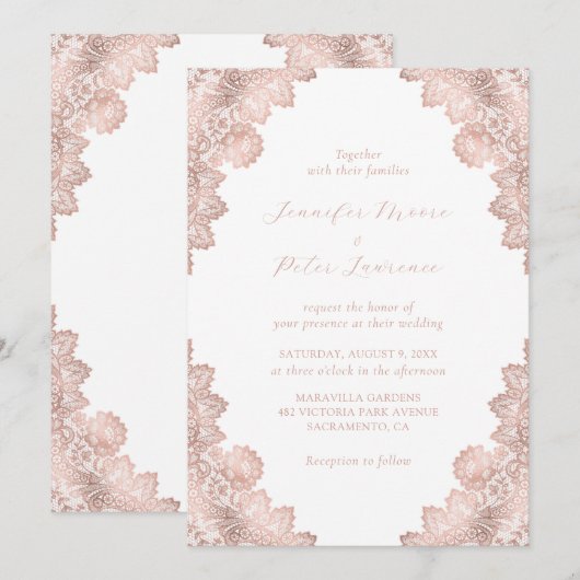 Elegant Bloemen Kant Roos Gouden Bruiloft Uitnodig Kaart (Voorkant / Achterkant)