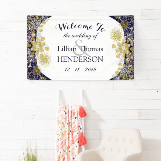 Elegant Bloemen Kant Zilver Goud Bruiloft Partij Spandoek (Insitu)