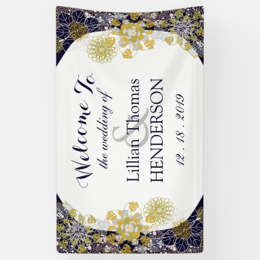 Elegant Bloemen Kant Zilver Goud Bruiloft Partij Spandoek (Verticaal)