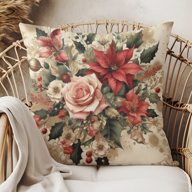  Elegant Bloemen Kerst Sierkussen (Vintage Elegant Floral Christmas Throw Pillow in a boho rattan armchair.)