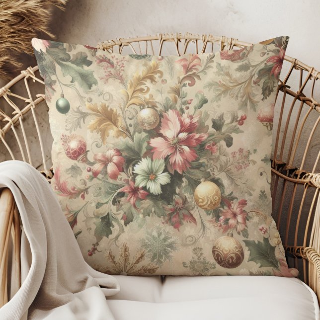  Elegant Bloemen Kerst Sierkussen (Vintage Elegant Floral Christmas Throw Pillow in a boho rattan armchair.)