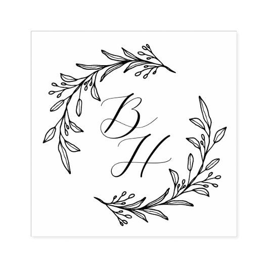 Elegant Bloemen Krans Bruiloft Monogram Rubberstempel (Afrduk)