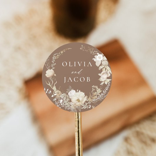 Elegant  Bloemen Krans Bruin Bruiloft Ronde Sticker