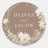 Elegant  Bloemen Krans Bruin Bruiloft Ronde Sticker (Voorkant)