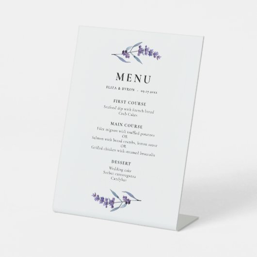 Elegant Bloemen Lavendel Menu Reclamebord Met Voetstuk (Voorkant)