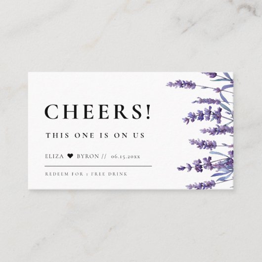 Elegant Bloemen Lavendel Wedding Drink Ticket (Voorkant)