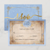 Elegant Bloemen Licht Blauw Roos Goud Rustieke Bru RSVP Kaartje (Voorkant / Achterkant)