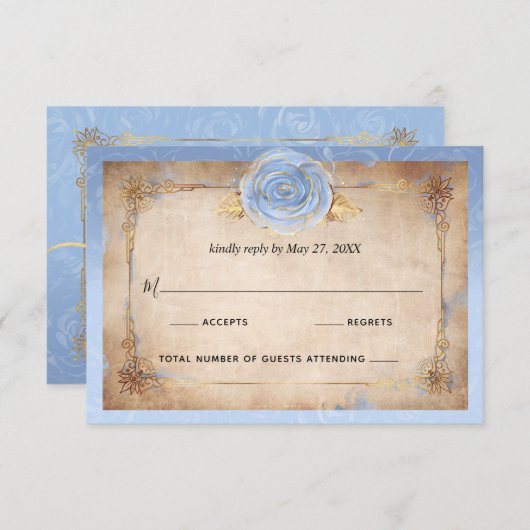 Elegant Bloemen Licht Blauw Roos Goud Rustieke Bru RSVP Kaartje (Voorkant / Achterkant)