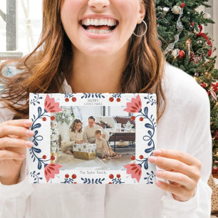 Elegant Bloemen Lijst Kerst Twee Foto Feestdagenkaart