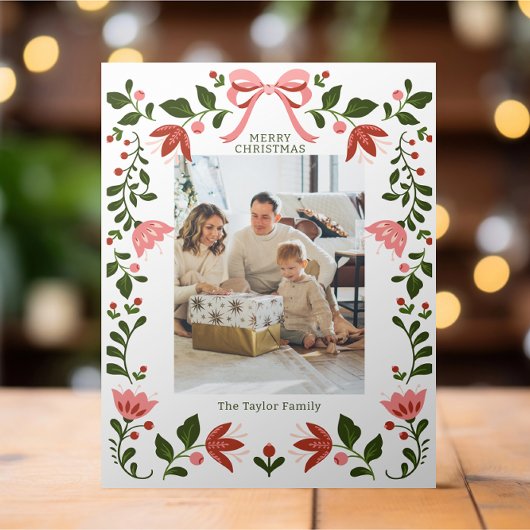 Elegant Bloemen Lijst Kerstmis Foto Feestdagenkaart