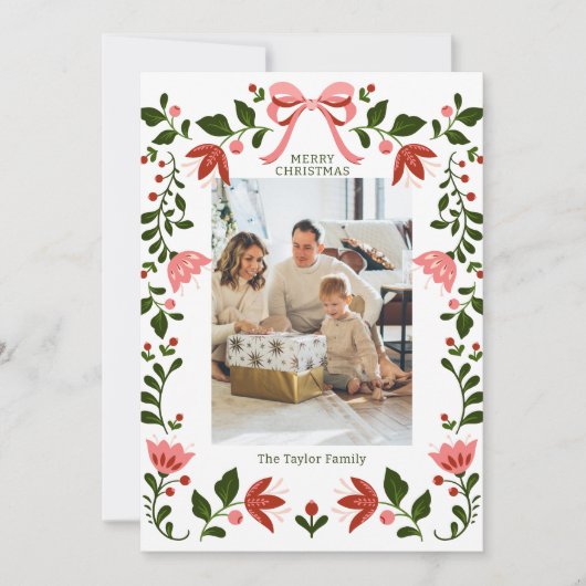 Elegant Bloemen Lijst Kerstmis Foto Feestdagenkaart (Voorkant)