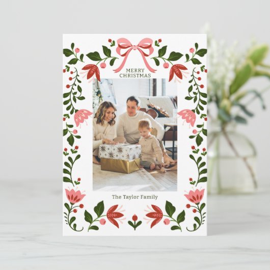 Elegant Bloemen Lijst Kerstmis Foto Feestdagenkaart (Staand voorkant)