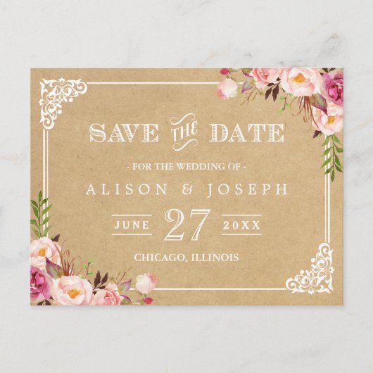 Elegant Bloemen Lijst Kraft Bruiloft Save the Date Aankondigingskaart (Voorkant)