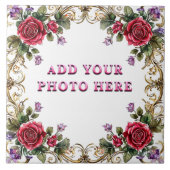 Elegant Bloemen Lijst met Goud en Rode Roos Tegeltje (Voorkant)