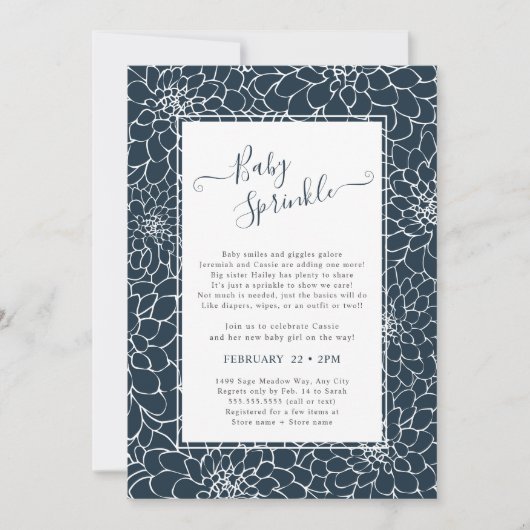 Elegant Bloemen Lijst Navy Baby Sprinkle Invitatio Kaart (Voorkant)
