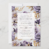 Elegant Bloemen Lila Paarse Gouden Bruiloft Kaart (Voorkant)