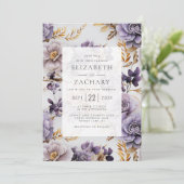 Elegant Bloemen Lila Paarse Gouden Bruiloft Kaart (Staand voorkant)