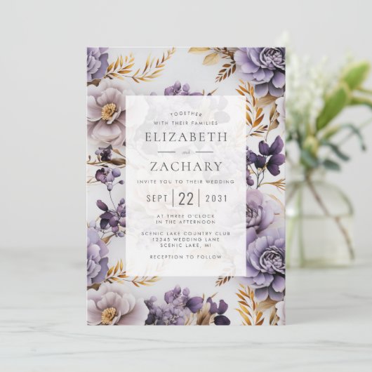 Elegant Bloemen Lila Paarse Gouden Bruiloft Kaart (Staand voorkant)