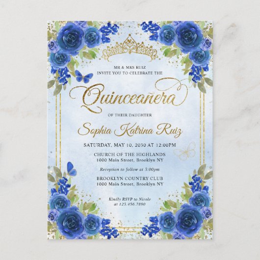 Elegant Bloemen Marine Blauw Goud Tiara Quinceañer Briefkaart (Voorkant)
