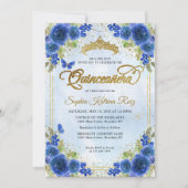 Elegant Bloemen Marine Blauw Goud Tiara Quinceañer Kaart