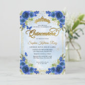 Elegant Bloemen Marine Blauw Goud Tiara Quinceañer Kaart (Staand voorkant)