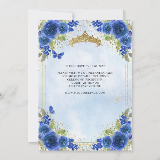 Elegant Bloemen Marine Blauw Goud Tiara Quinceañer Kaart