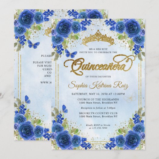 Elegant Bloemen Marine Blauw Goud Tiara Quinceañer Kaart (Voorkant / Achterkant)