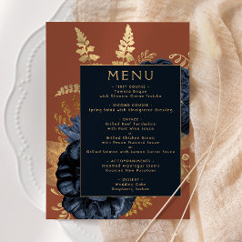 Elegant Bloemen Marine Blauw Roest Goud Bruiloft Menu