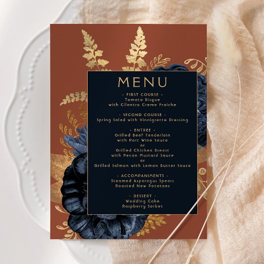 Elegant Bloemen Marine Blauw Roest Goud Bruiloft Menu