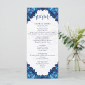 Elegant Bloemen Marine Blauw & Wit Marmeren Bruilo Menu (Staand voorkant)