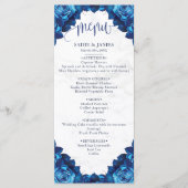 Elegant Bloemen Marine Blauw & Wit Marmeren Bruilo Menu (Voorkant)