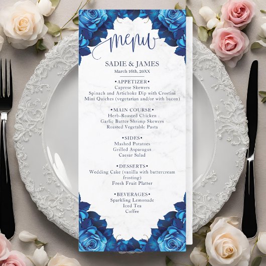 Elegant Bloemen Marine Blauw & Wit Marmeren Bruilo Menu