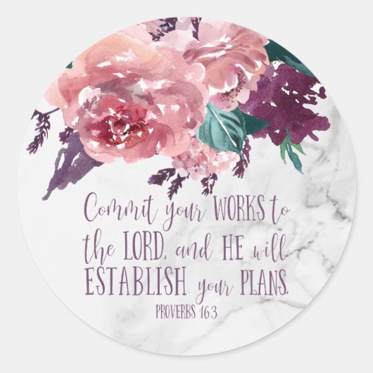 Elegant Bloemen Marmeren Bijbelvers Ronde Sticker (Voorkant)