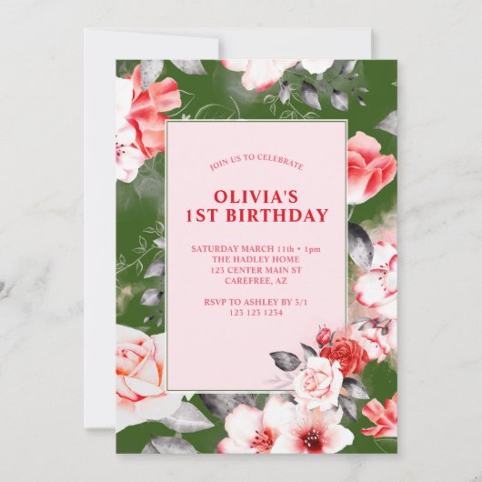 Elegant Bloemen Meisjes 1e Verjaardag Kaart (Voorkant)