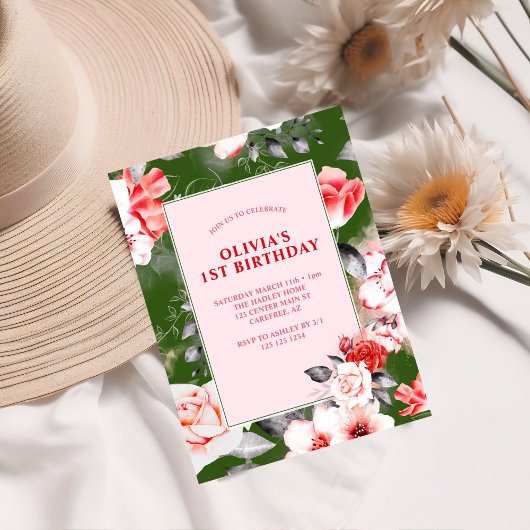 Elegant Bloemen Meisjes 1e Verjaardag Kaart